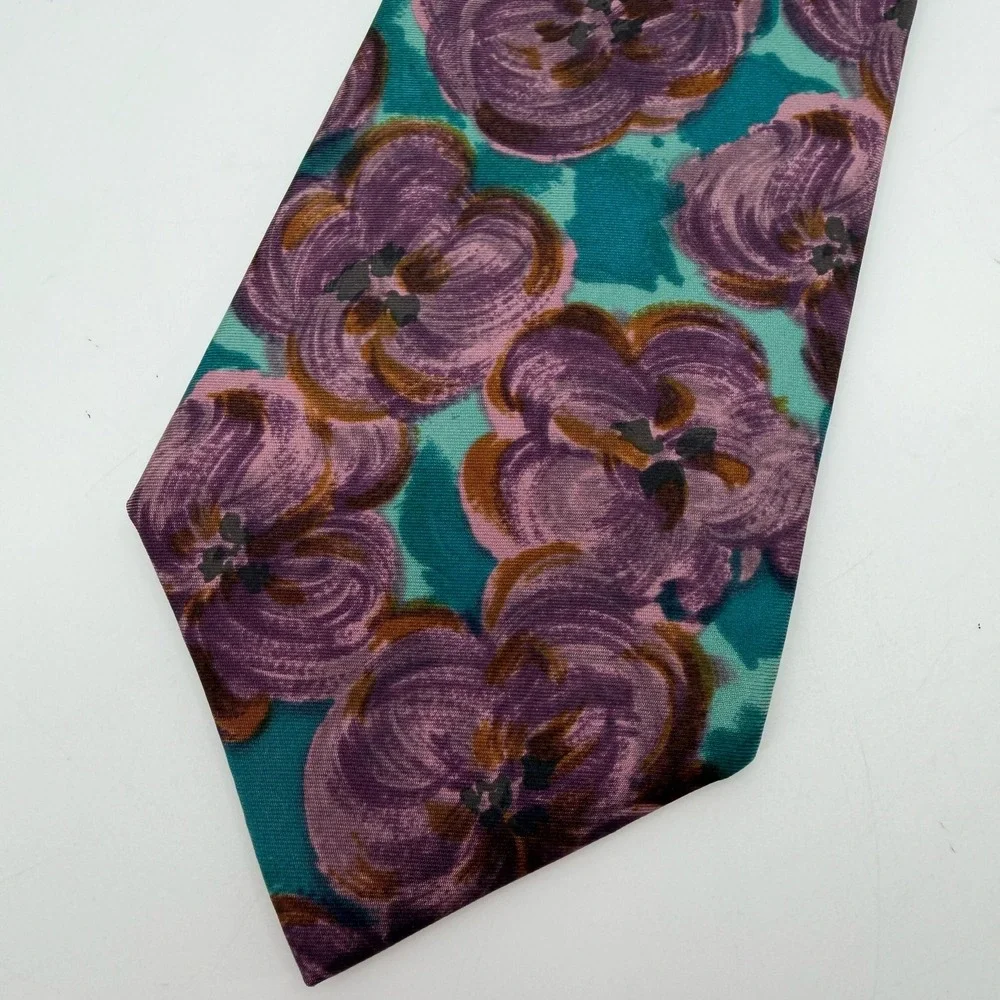 Geoffrey Beene Tie Mens Purple Teal Floral Italian Fabric Made USA Necktie